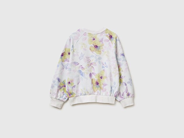 Benetton Kız Çocuk Ekru Önü Kesik Detaylı Baskılı Yuvarlak Yaka Sweatshirt