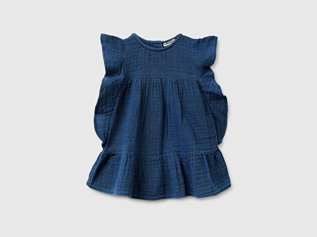 Benetton Bebek Lacivert Fırfır Detaylı Arkası Düğmeli Yuvarlak Yaka  Elbise