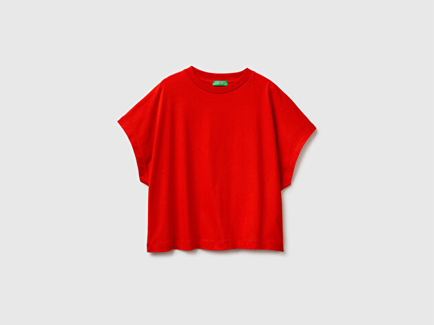 Benetton Kadın Kırmızı %100 Pamuk Kimono Kol Detaylı Bisiklet Yaka T-Shirt