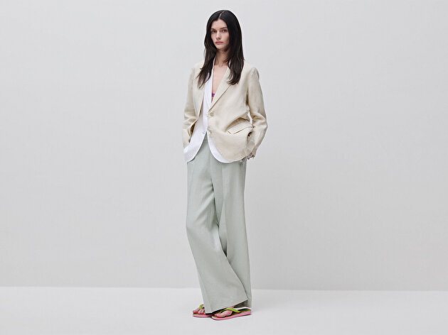 Benetton Kadın Su Yeşili %100 Keten Yan Cepli Arka Beli Lastikli Palazzo Pantolon