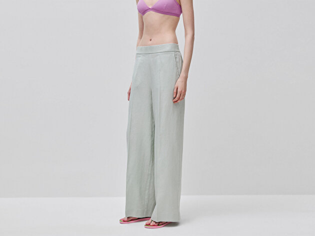 Benetton Kadın Su Yeşili %100 Keten Yan Cepli Arka Beli Lastikli Palazzo Pantolon