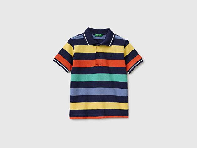 Benetton Erkek Bebek Koyu Mix Çizgili Logo Nakışlı Polo Yaka Küçük Çocuk T-Shirt