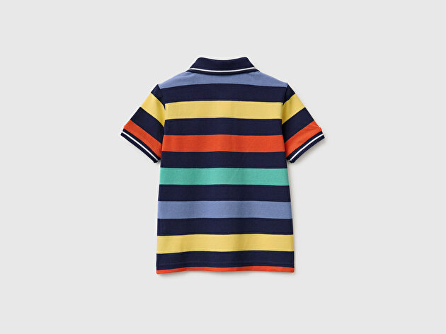 Benetton Erkek Bebek Koyu Mix Çizgili Logo Nakışlı Polo Yaka Küçük Çocuk T-Shirt