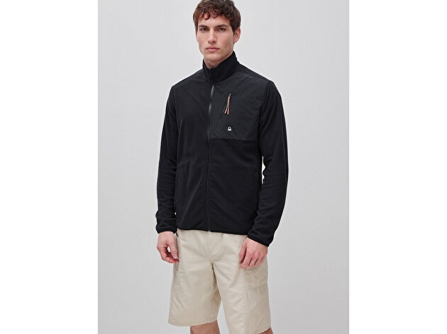 Benetton Erkek Siyah  Deri Detaylı Logolu Fermuarlı Sweatshirt
