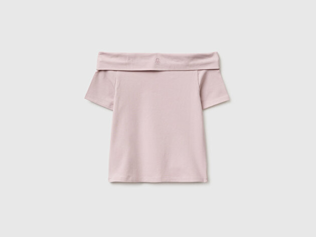 Benetton Kız Çocuk Gül Kurusu Arkası Logo İşlemeli Raglan Kollu Kayık Yaka T-Shirt