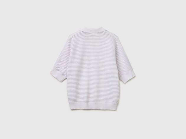 Benetton Kadın Beyaz Pamuk Keten Karışımlı Dokulu Polo Yaka Kısa Kollu Kazak