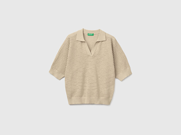 Benetton Kadın Taş Pamuk Keten Karışımlı Dokulu Polo Yaka Kısa Kollu Kazak