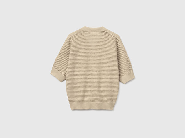 Benetton Kadın Taş Pamuk Keten Karışımlı Dokulu Polo Yaka Kısa Kollu Kazak