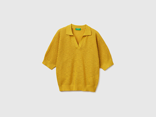 Benetton Kadın Sarı Pamuk Keten Karışımlı Dokulu Polo Yaka Kısa Kollu Kazak