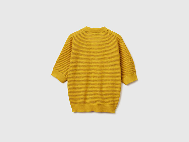 Benetton Kadın Sarı Pamuk Keten Karışımlı Dokulu Polo Yaka Kısa Kollu Kazak