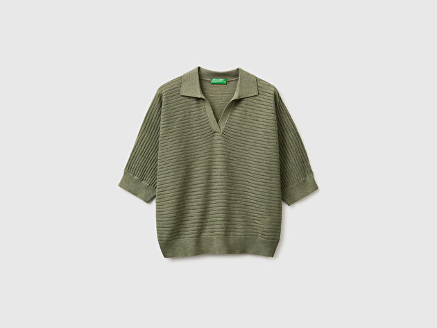 Benetton Kadın Haki Pamuk Keten Karışımlı Dokulu Polo Yaka Kısa Kollu Kazak