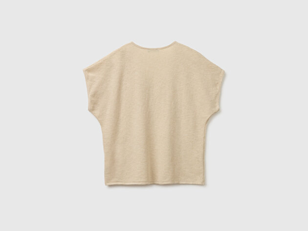 Benetton Kadın Taş Pamuk Keten Karışımlı Düşük Omuzlu V Yaka Kısa Kollu Kazak