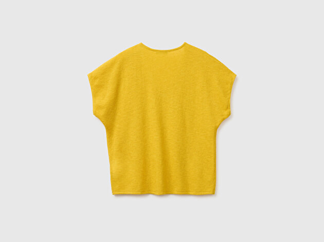 Benetton Kadın Sarı Pamuk Keten Karışımlı Düşük Omuzlu V Yaka Kısa Kollu Kazak