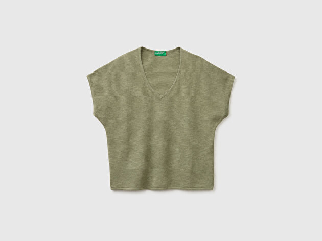 Benetton Kadın Haki Pamuk Keten Karışımlı Düşük Omuzlu V Yaka Kısa Kollu Kazak