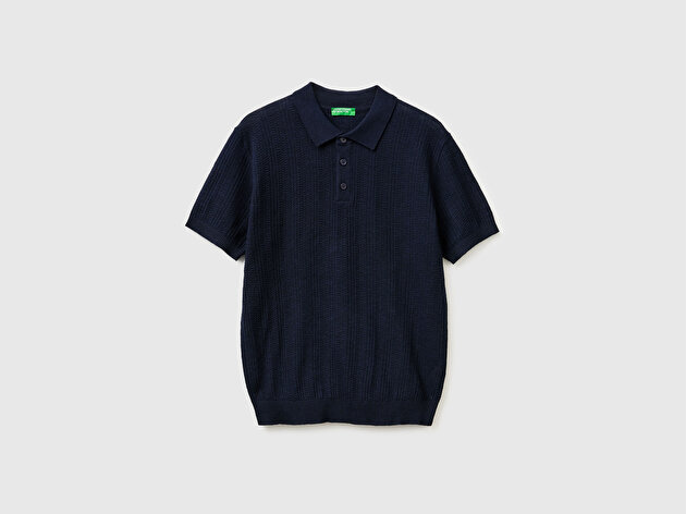 Benetton Erkek Lacivert  Pamuk Keten Karışımlı Düğmeli Örme Dokulu Polo Yaka  Triko T-Shirt