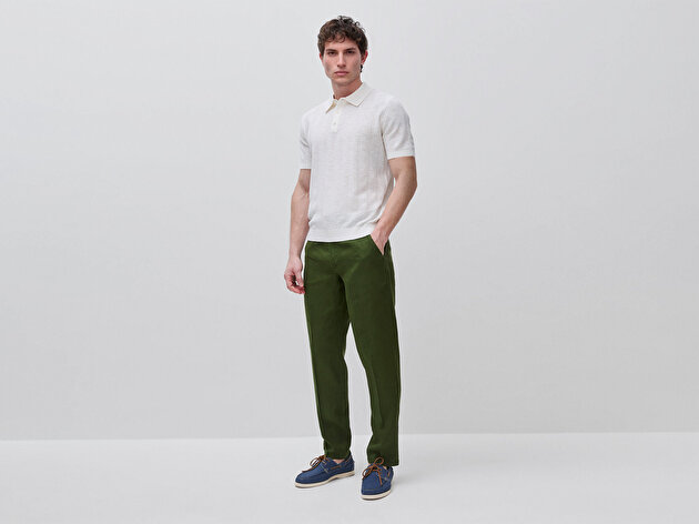 Benetton Erkek Krem  Pamuk Keten Karışımlı Düğmeli Örme Dokulu Polo Yaka  Triko T-Shirt