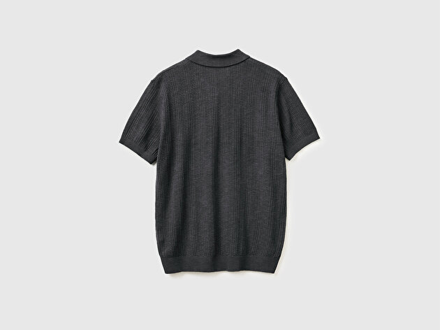 Benetton Erkek Beyaz  Pamuk Keten Karışımlı Düğmeli Örme Dokulu Polo Yaka  Triko T-Shirt