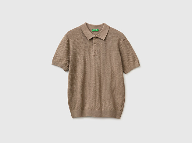 Benetton Erkek Haki  Pamuk Keten Karışımlı Düğmeli Örme Dokulu Polo Yaka  Triko T-Shirt