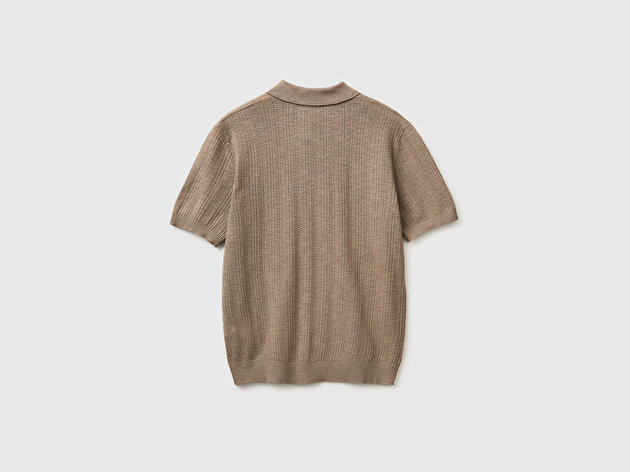 Benetton Erkek Haki  Pamuk Keten Karışımlı Düğmeli Örme Dokulu Polo Yaka  Triko T-Shirt