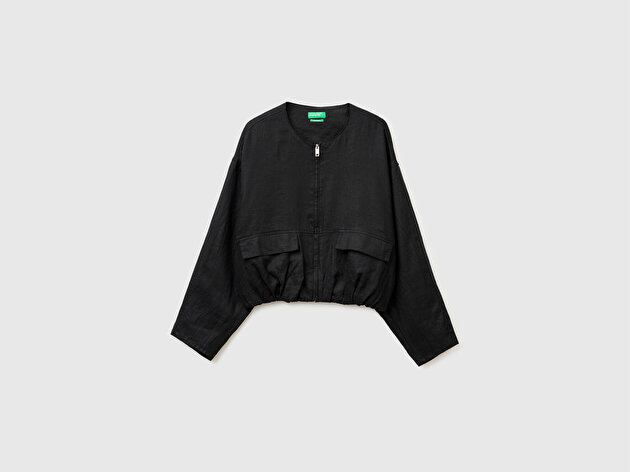 Benetton Kadın Siyah %100 Pamuk Ön Cepli Fermuarlı Bomber Ceket