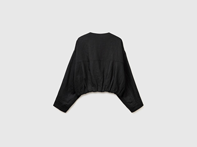 Benetton Kadın Siyah %100 Pamuk Ön Cepli Fermuarlı Bomber Ceket