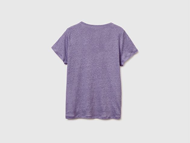 Benetton Kadın Koyu Gri %100 Keten Geniş Yaka Kısa Kollu T-Shirt