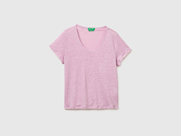Benetton Kadın Açık Pembe %100 Keten Geniş Yaka Kısa Kollu T-Shirt