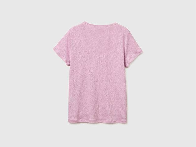 Benetton Kadın Açık Pembe %100 Keten Geniş Yaka Kısa Kollu T-Shirt