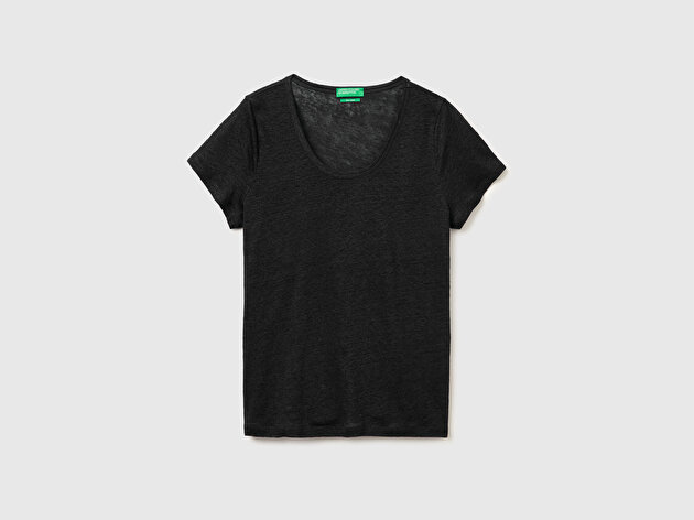 Benetton Kadın Siyah %100 Keten Geniş Yaka Kısa Kollu T-Shirt