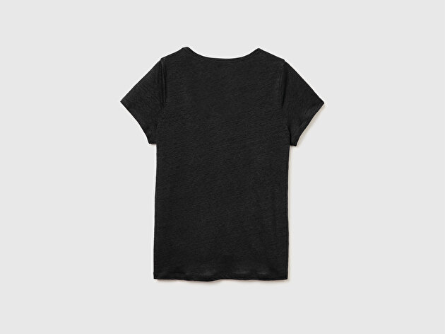 Benetton Kadın Siyah %100 Keten Geniş Yaka Kısa Kollu T-Shirt