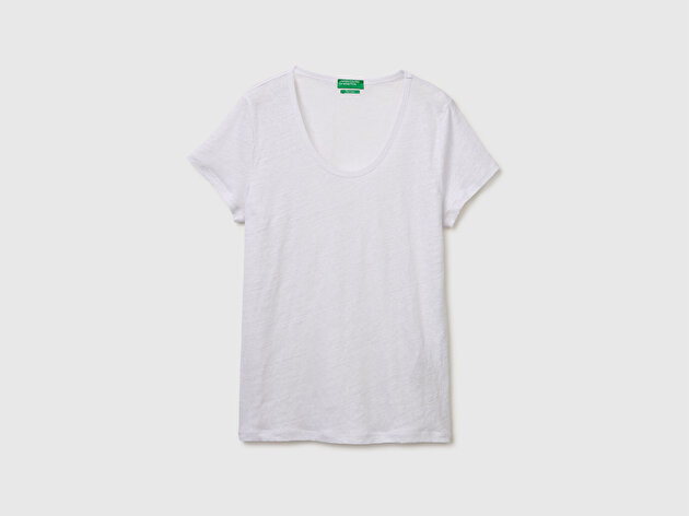 Benetton Kadın Beyaz %100 Keten Geniş Yaka Kısa Kollu T-Shirt