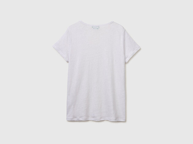 Benetton Kadın Beyaz %100 Keten Geniş Yaka Kısa Kollu T-Shirt