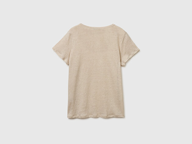 Benetton Kadın Taş %100 Keten Geniş Yaka Kısa Kollu T-Shirt