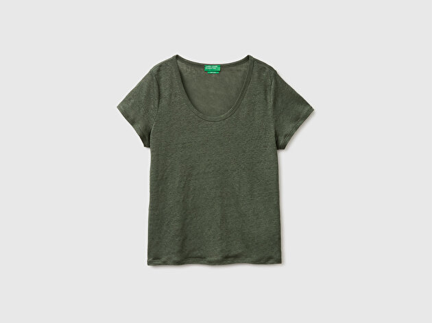 Benetton Kadın Haki %100 Keten Geniş Yaka Kısa Kollu T-Shirt