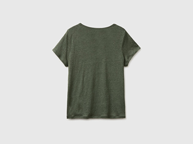 Benetton Kadın Haki %100 Keten Geniş Yaka Kısa Kollu T-Shirt