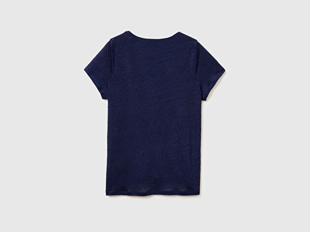 Benetton Kadın Lacivert %100 Keten Geniş Yaka Kısa Kollu T-Shirt