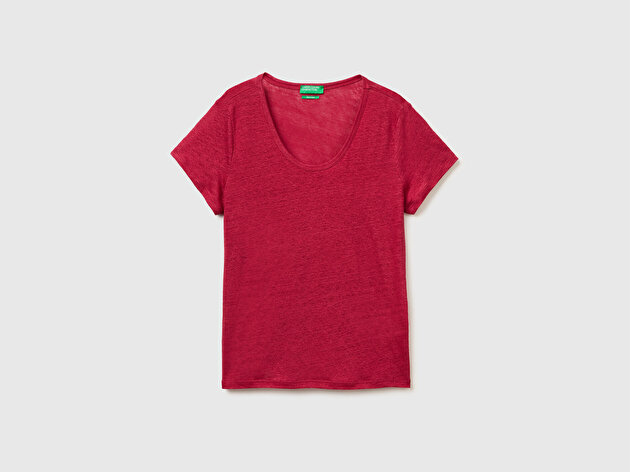 Benetton Kadın Fuşya %100 Keten Geniş Yaka Kısa Kollu T-Shirt