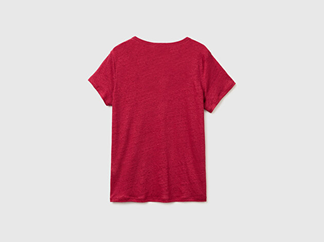 Benetton Kadın Fuşya %100 Keten Geniş Yaka Kısa Kollu T-Shirt