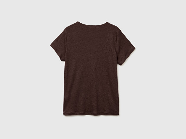 Benetton Kadın Kahverengi %100 Keten Geniş Yaka Kısa Kollu T-Shirt