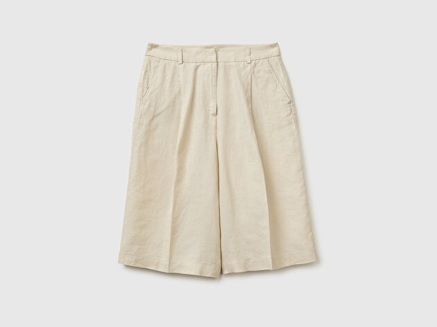 Benetton Kadın Taş %100 Keten Çift Pileli Arkası Lastikli Düz Kesim Bermuda