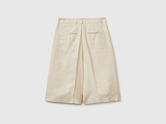 Benetton Kadın Taş %100 Keten Çift Pileli Arkası Lastikli Düz Kesim Bermuda