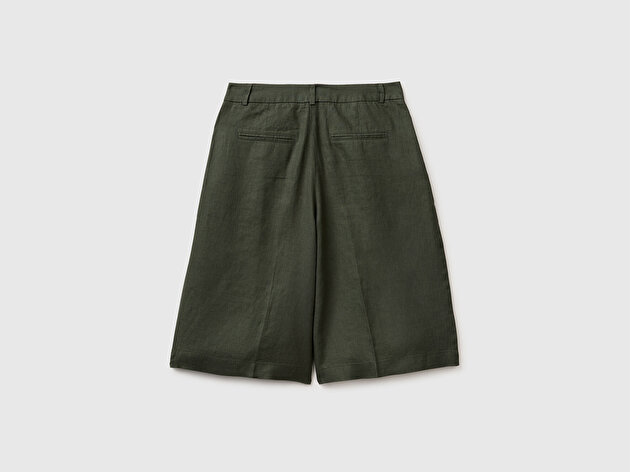 Benetton Kadın Haki %100 Keten Çift Pileli Arkası Lastikli Düz Kesim Bermuda