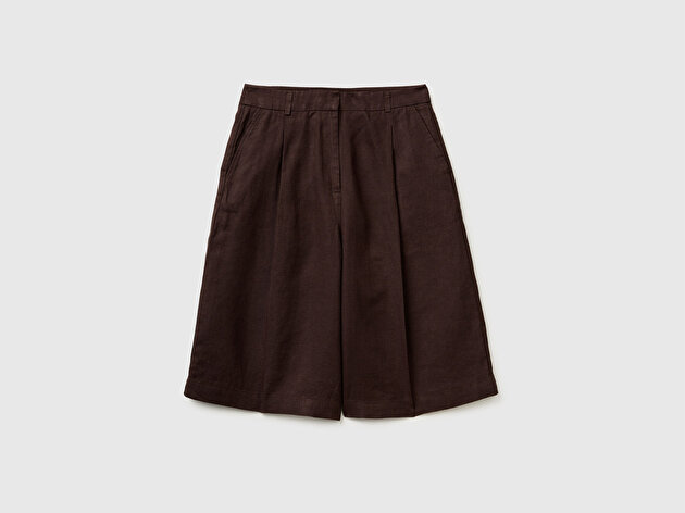 Benetton Kadın Kahverengi %100 Keten Çift Pileli Arkası Lastikli Düz Kesim Bermuda