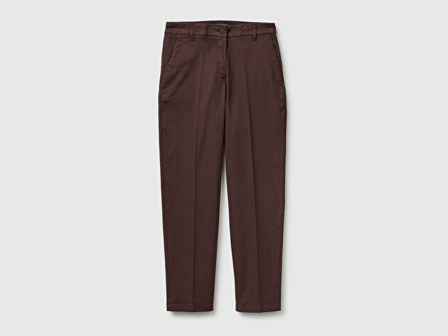 Benetton Kadın Kahverengi Pamuk Karışımlı Slim Fit Chino Kumaş Pantolon