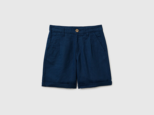 Benetton Erkek Çocuk Koyu Lacivert Logo İşlemeli Düğmeli Cep Detaylı Duble Paça Şort