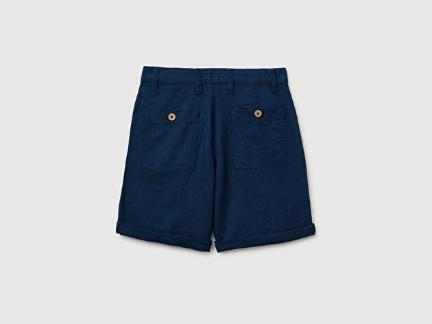 Benetton Erkek Çocuk Koyu Lacivert Logo İşlemeli Düğmeli Cep Detaylı Duble Paça Şort