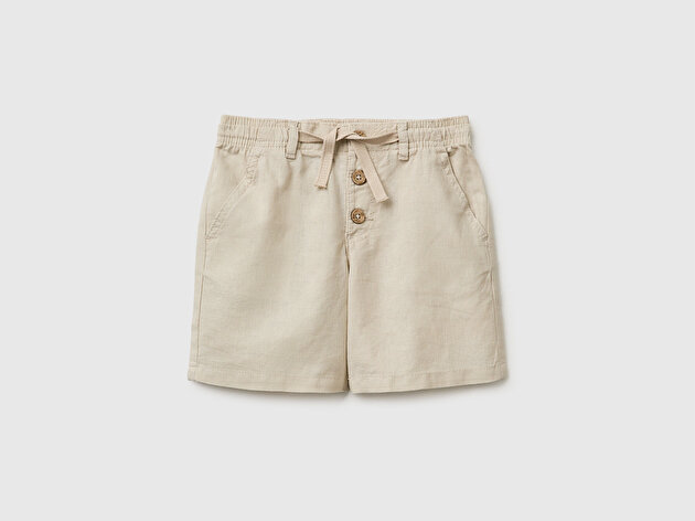 Benetton Erkek Bebek Bej Beli İpli Düğmeli Arka Cebi Logo İşlemeli Rahat Kalıp Şort