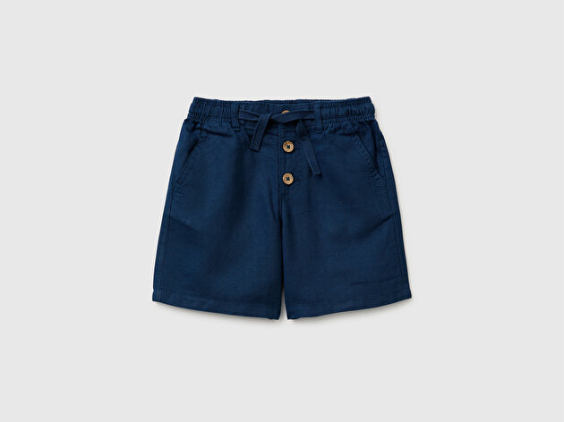 Benetton Erkek Bebek Koyu Lacivert Beli İpli Düğmeli Arka Cebi Logo İşlemeli Rahat Kalıp Şort