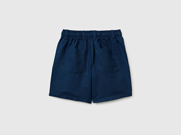Benetton Erkek Bebek Koyu Lacivert Beli İpli Düğmeli Arka Cebi Logo İşlemeli Rahat Kalıp Şort