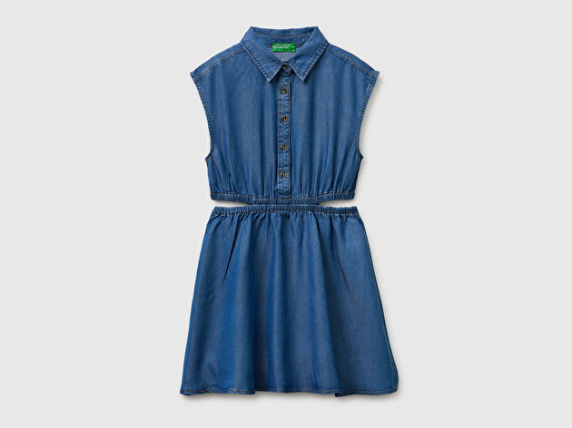 Benetton Kız Çocuk Mavi Yanları Kesik Detaylı Gömlek Yaka Tencel Elbise